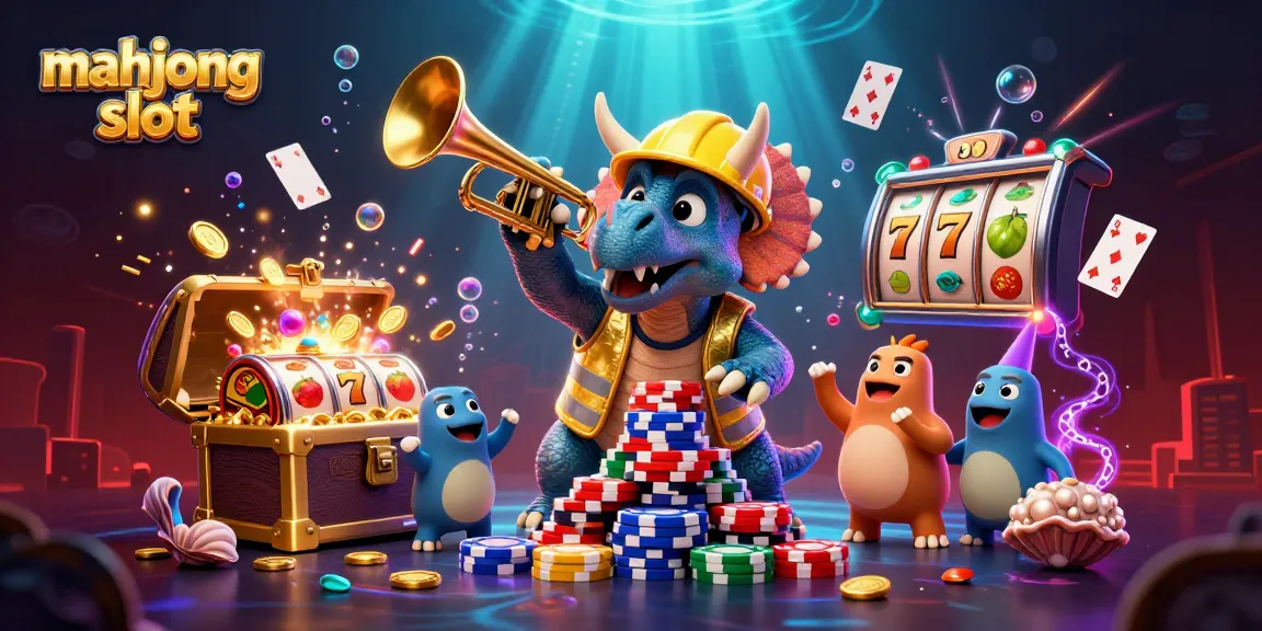 Win with the mahjong slot as a triceratops builds poker chips amid vibrant casino elements.
