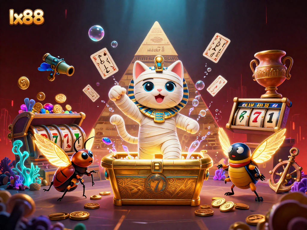 Spin the reels at lx88 with an Egyptian mummy cat in a vibrant pyramid casino setting amidst jackpot symbols and glowing treasures.