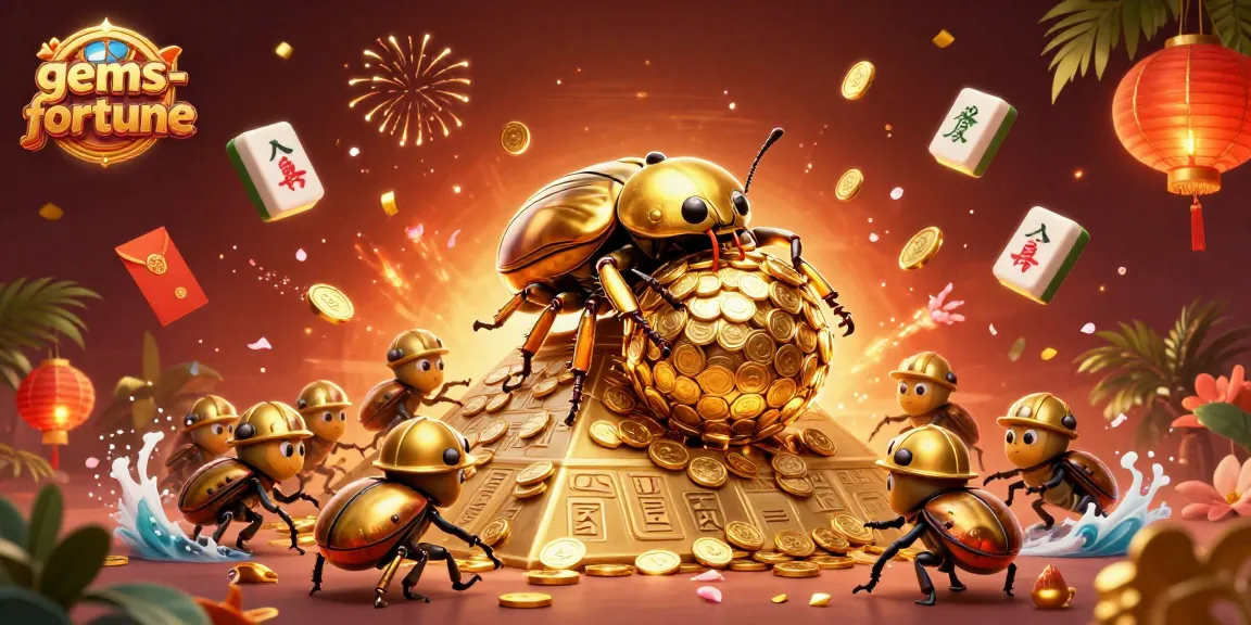 Experience the thrill of gems-fortune as golden beetles roll coins in this vibrant casino illustration.