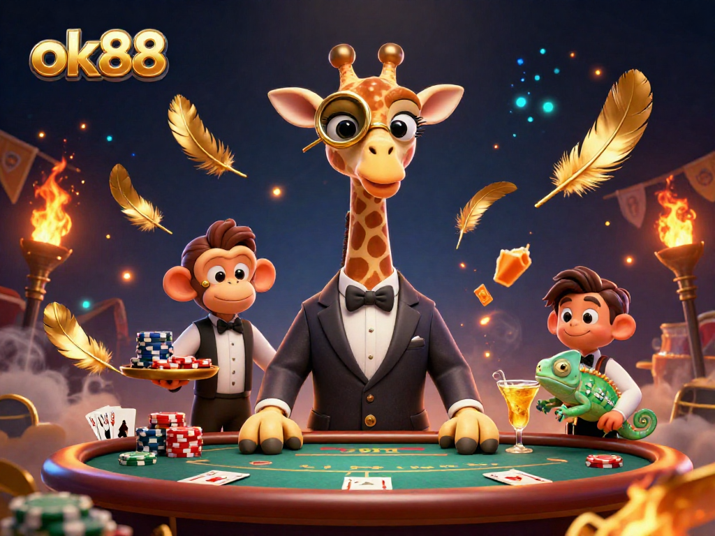 Experience the thrill of ok88 with a high-roller giraffe at a vibrant poker table amidst golden elements.