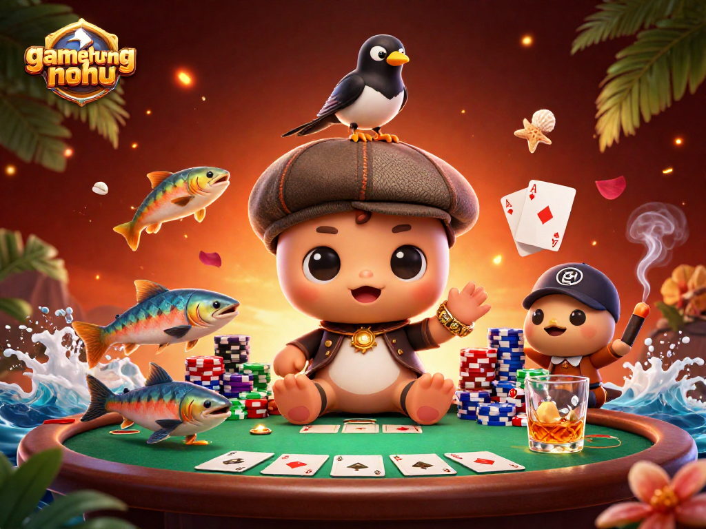 Engage with gamethuongnohu's lively gaming scene featuring cute characters and vibrant casino elements.