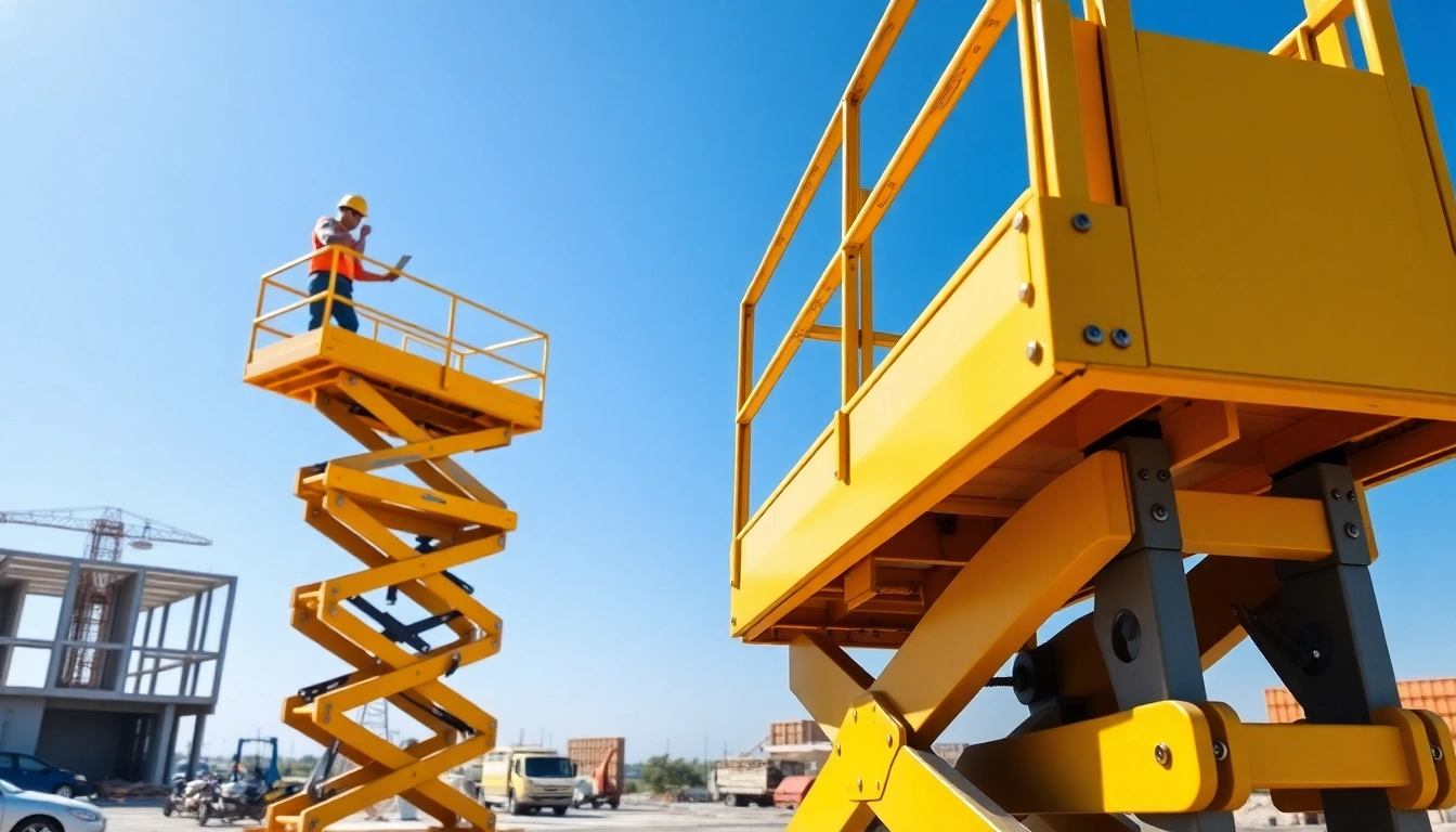Operator on a scissor lift at a construction site, showcasing versatility and height.