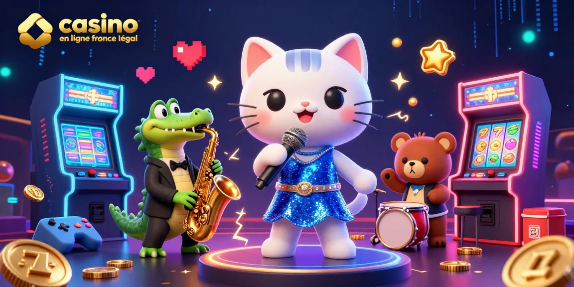 Illustration colorée de casino en ligne légal en France avec un chat chanteur, un crocodile et un ourson, ambiance festive.