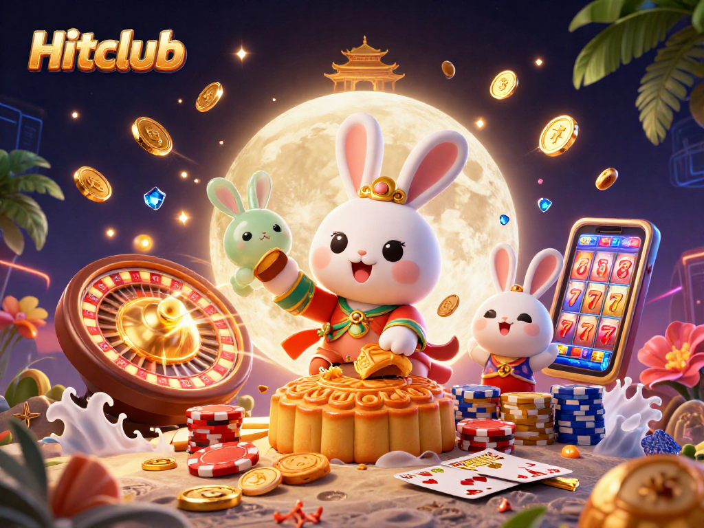Hitclub offers an immersive scene of a whimsical moon rabbit engaging in casino action with poker chips.
