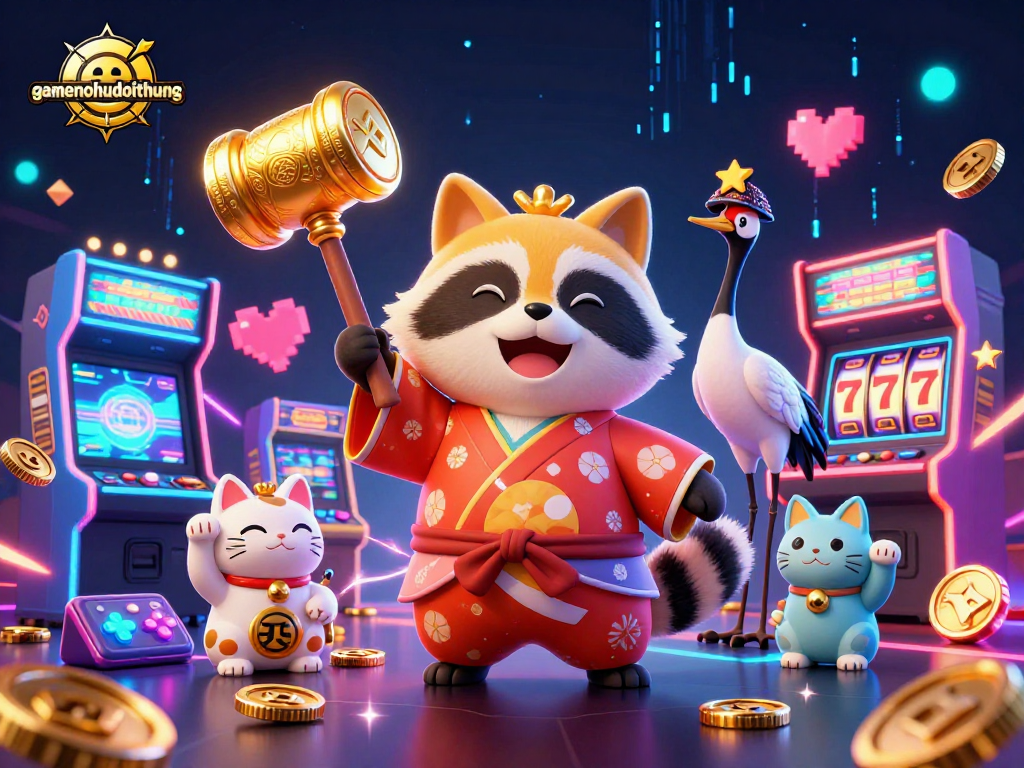Spin the reels at gamenohudoithuong with joyful tanuki and lucky symbols in vibrant casino scene.