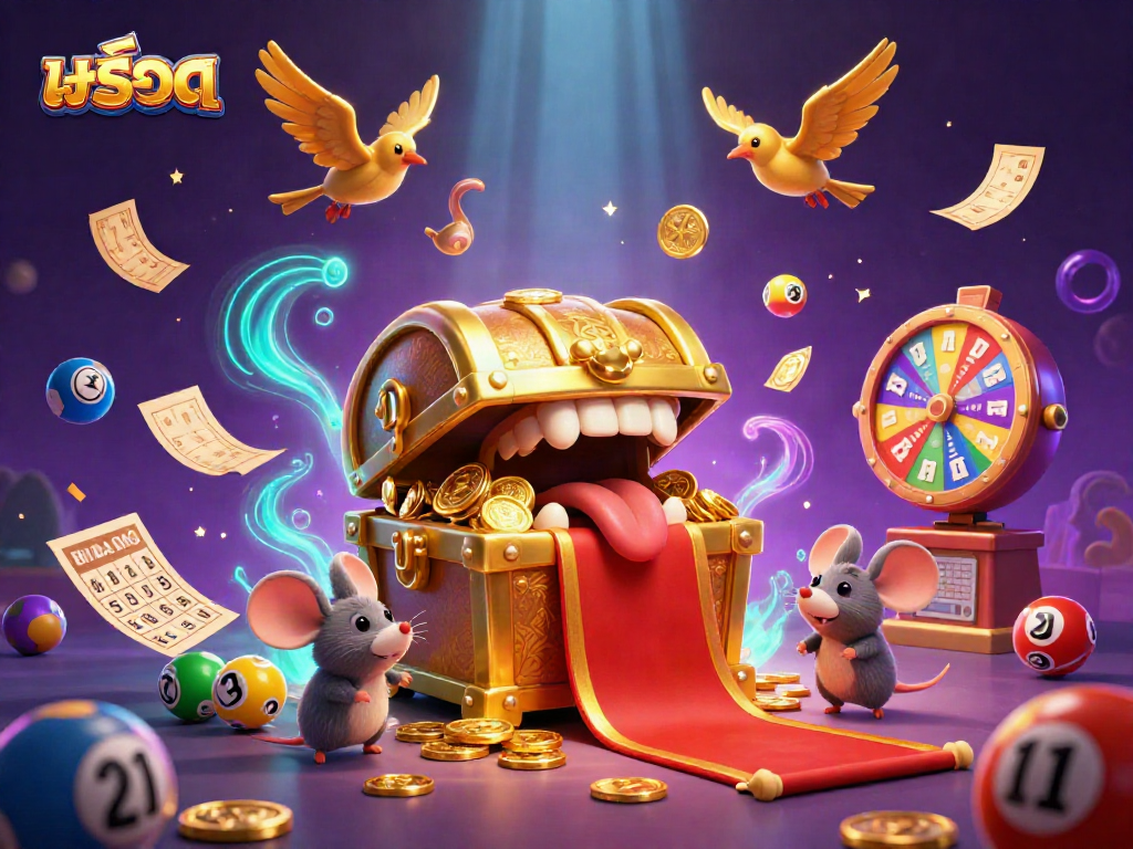 Explore สล็อต-themed adventure with a treasure chest and dynamic lottery elements, enriching gaming experience.