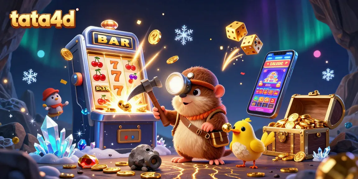 Tata4d features an exciting scene with a treasure hunter mole, colorful casino games, and jackpot wins.