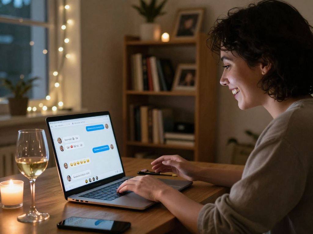 Engaging sex chat virtual interaction scene with laptop, warm ambiance, and personal touches.