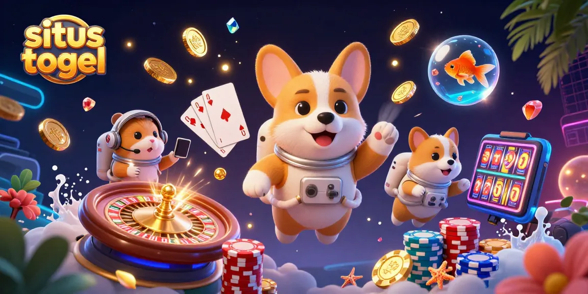 Gambaran situs togel dengan koin emas mengelilingi corgi astronot dan hamster di kasino luar angkasa.