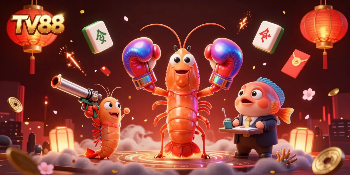 Engage in vibrant gaming action at TV88 with our lively shrimp characters and colorful casino elements.