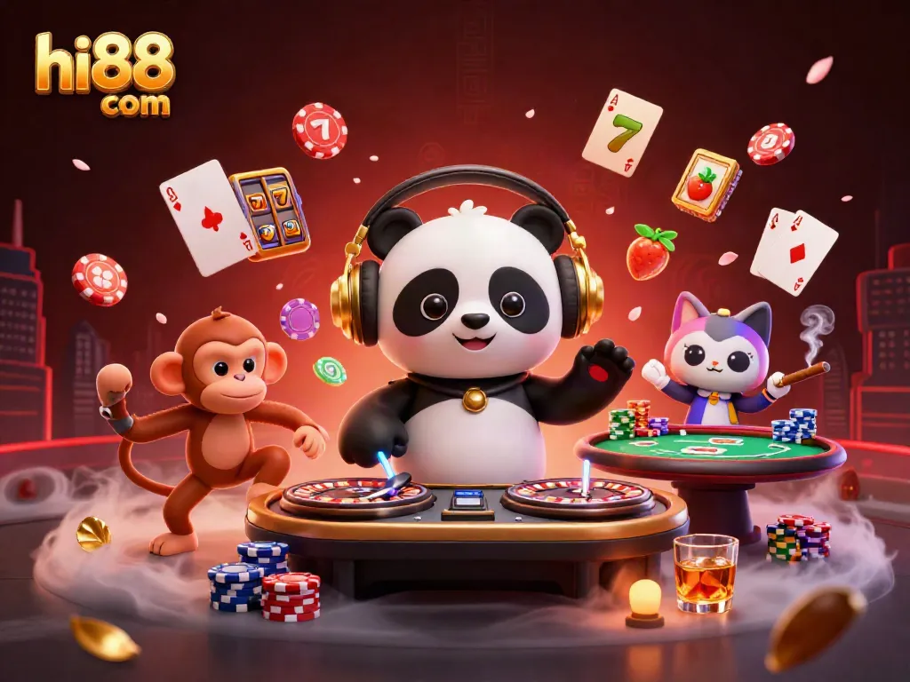 Engage with hi88 com in a vibrant casino scene with a DJ panda, colorful chips, and lively gaming elements.