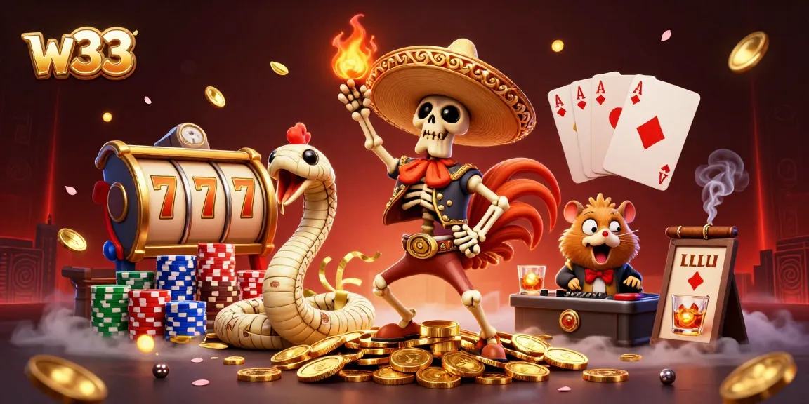 Experience thrilling w33 slot games with a festive scene featuring animated characters and a vibrant casino atmosphere.