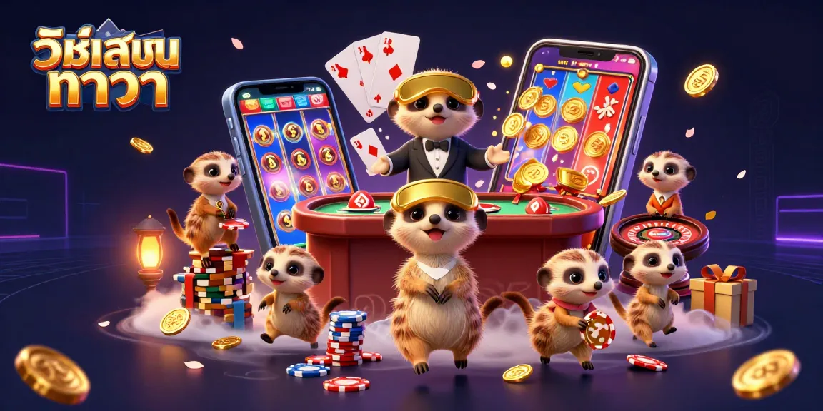 วิธีเล่นบาคาร่า demonstrates an energetic meerkat casino scene filled with games and colorful elements.