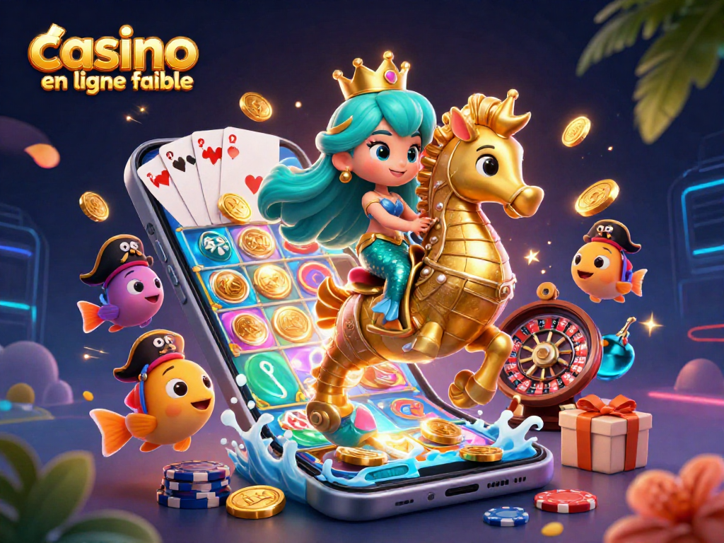 Illustration dynamique d'une princesse sirène et d'un hippocampe en jouant au casino en ligne fiable.