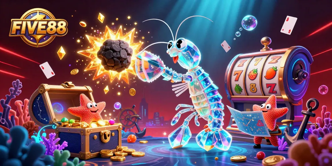 Experience the action with FIVE88's vibrant casino-themed digital illustration, showcasing galactic characters in motion.