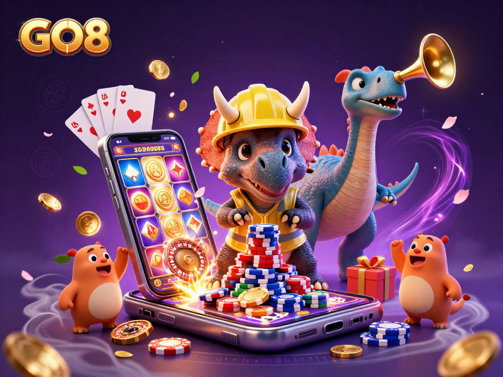Cheerful GO8 characters celebrate gaming wins with vibrant casino-themed elements.