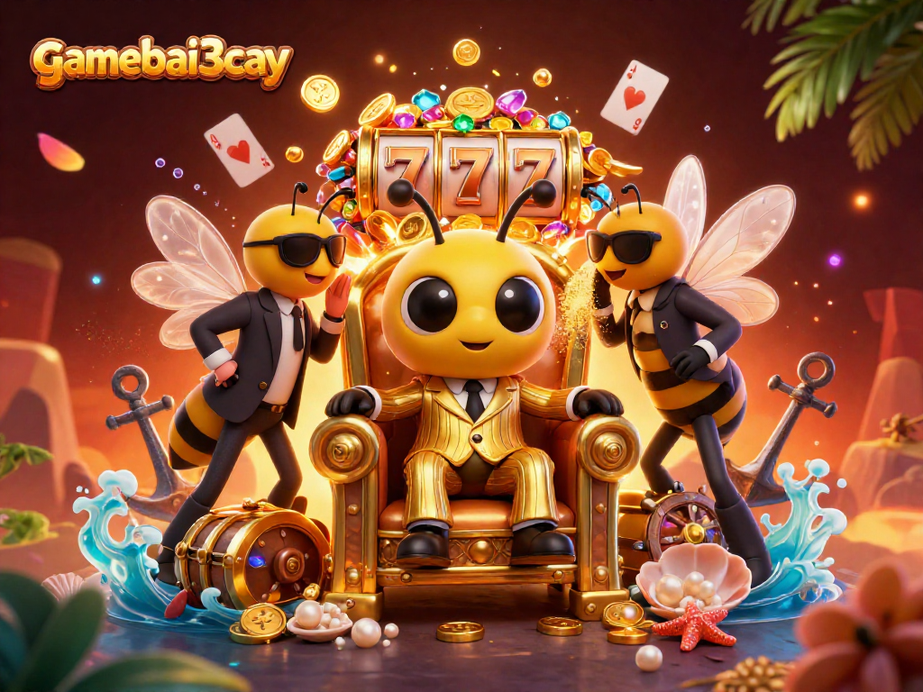 Join the excitement at gamebai3cay with vibrant casino-themed 3D illustration filled with vibrant characters and treasures.