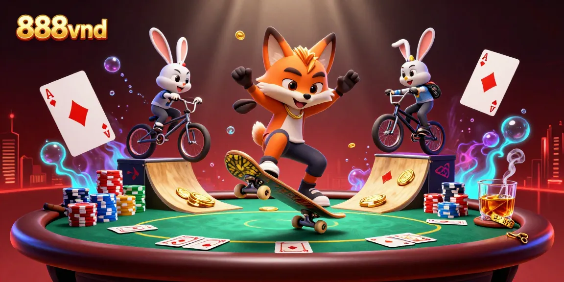 Engaging 888vnd illustration featuring a fox and rabbit in a vibrant casino scene.