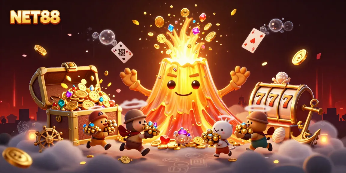 Experience the thrill of NET88 with a vibrant scene of coins and treasures from slots.