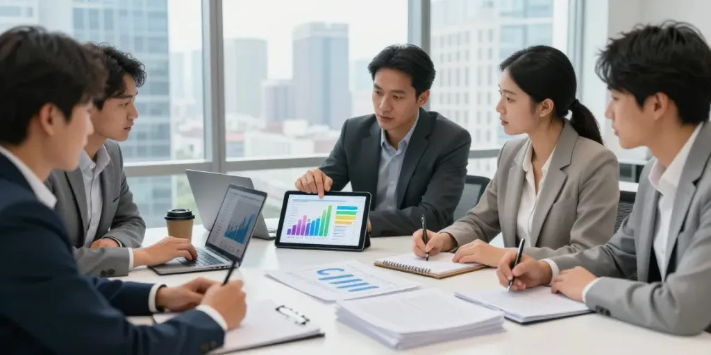 Consultants at a turnaround consulting firm strategizing around financial reports and digital charts.