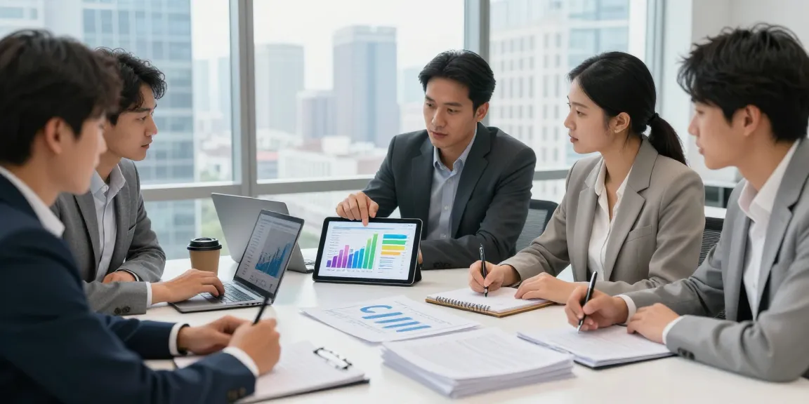 Consultants at a turnaround consulting firm strategizing around financial reports and digital charts.