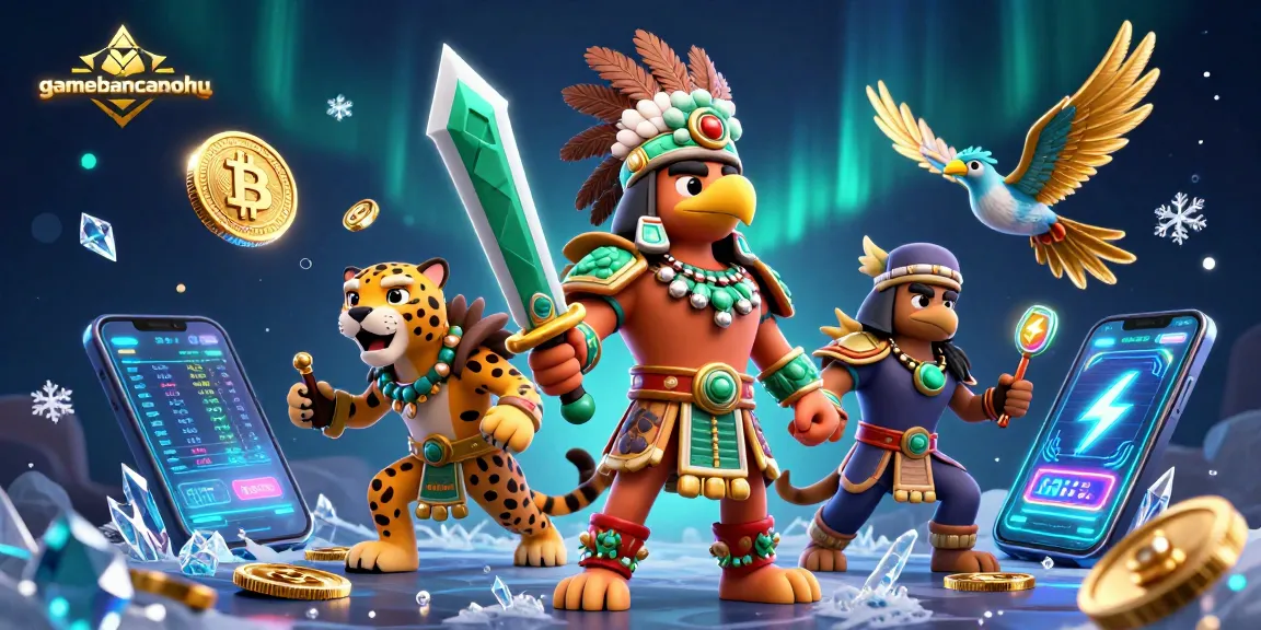 gamebancanohu showcases Aztec warriors amidst vibrant cryptocurrency elements.