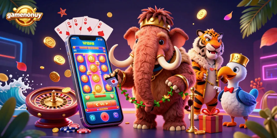 Experience the excitement of gamenohuuytin22 with a vibrant casino scene featuring a woolly mammoth bouncer and dynamic game elements.