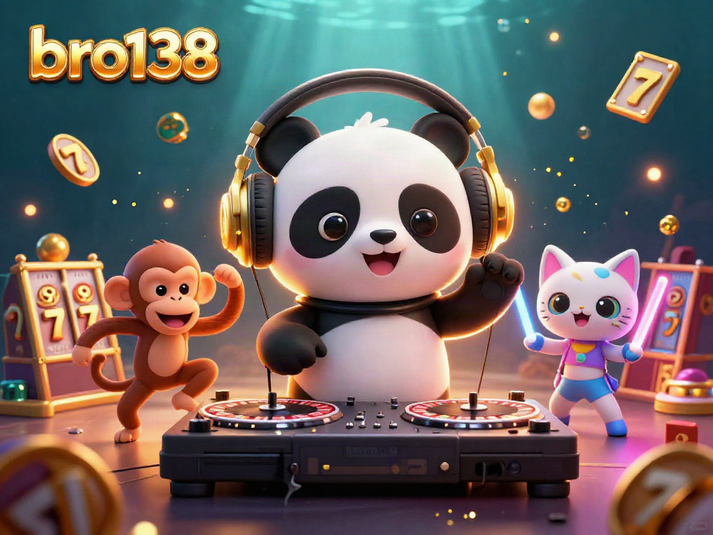 Experience thrilling slots action at bro138 with a lively 3D DJ panda and colorful casino characters.