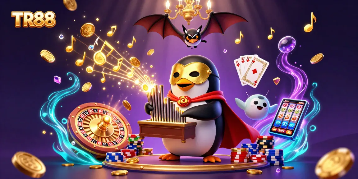 Watch the TR88 penguin play a golden pipe organ amidst cascading coins and exciting casino elements!