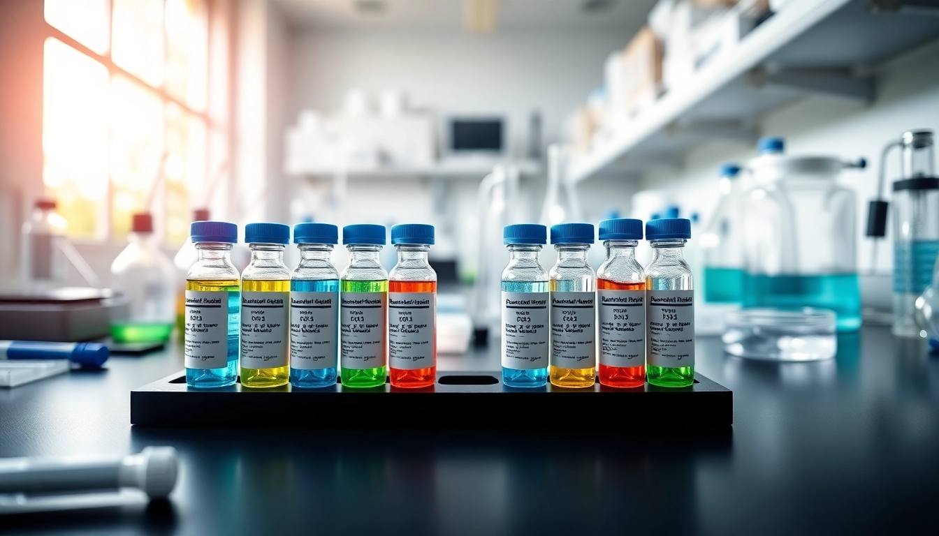 Showcase online peptides in vibrant vials on a laboratory table, reflecting innovation and research.