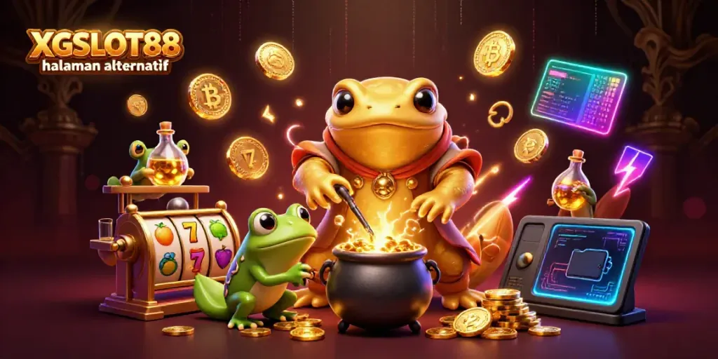 Gambarkan XGSLOT88 halaman alternatif dengan alkemis salamander dan koin emas menggairahkan pemain.