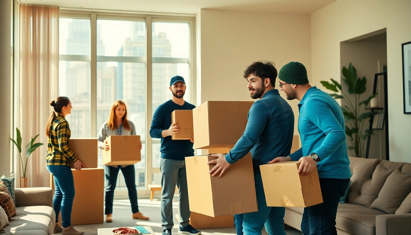 Best NYC movers carefully handling boxes in an apartment, showcasing efficient teamwork.
