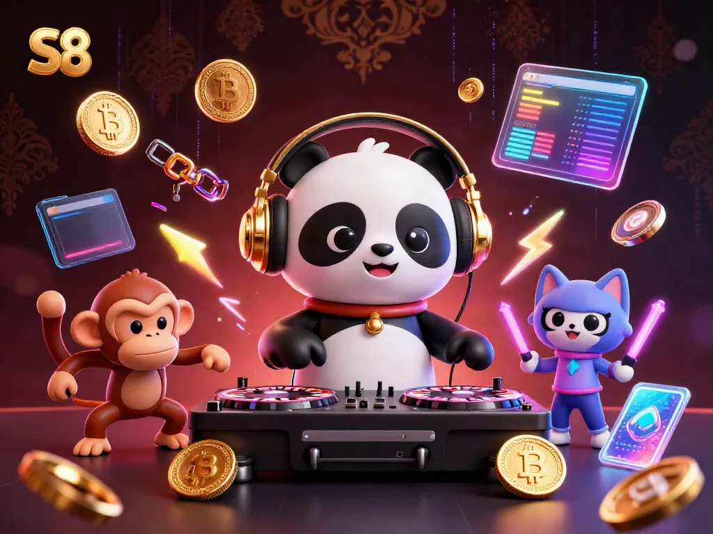 S8 cartoon characters celebrating casino wins with vibrant elements and glowing decorations.