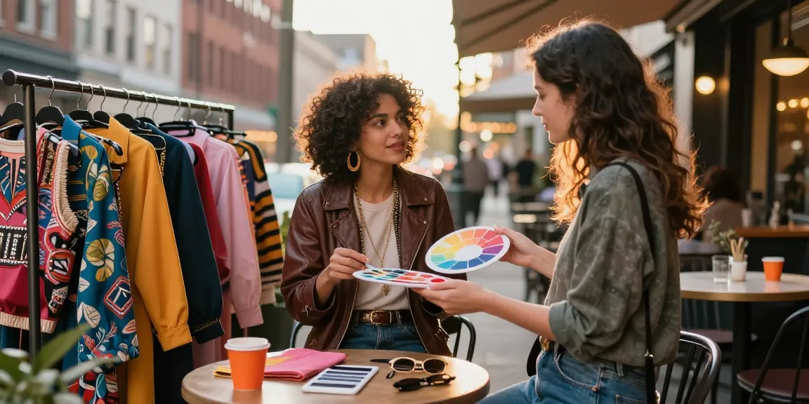 Consulenza d'immagine Milano: donna in consulto di stile all'aperto con palette di colori e vestiti originali