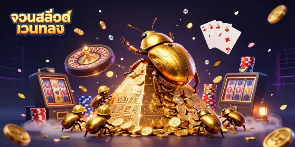 Experience thrilling action with a golden dung beetle and casino symbols in this vibrant รวมสล็อตเว็บตรง illustration.
