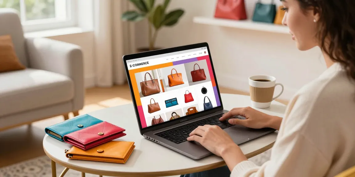 Diverse woman exploring leather accessories online via laptop in cozy home setting.