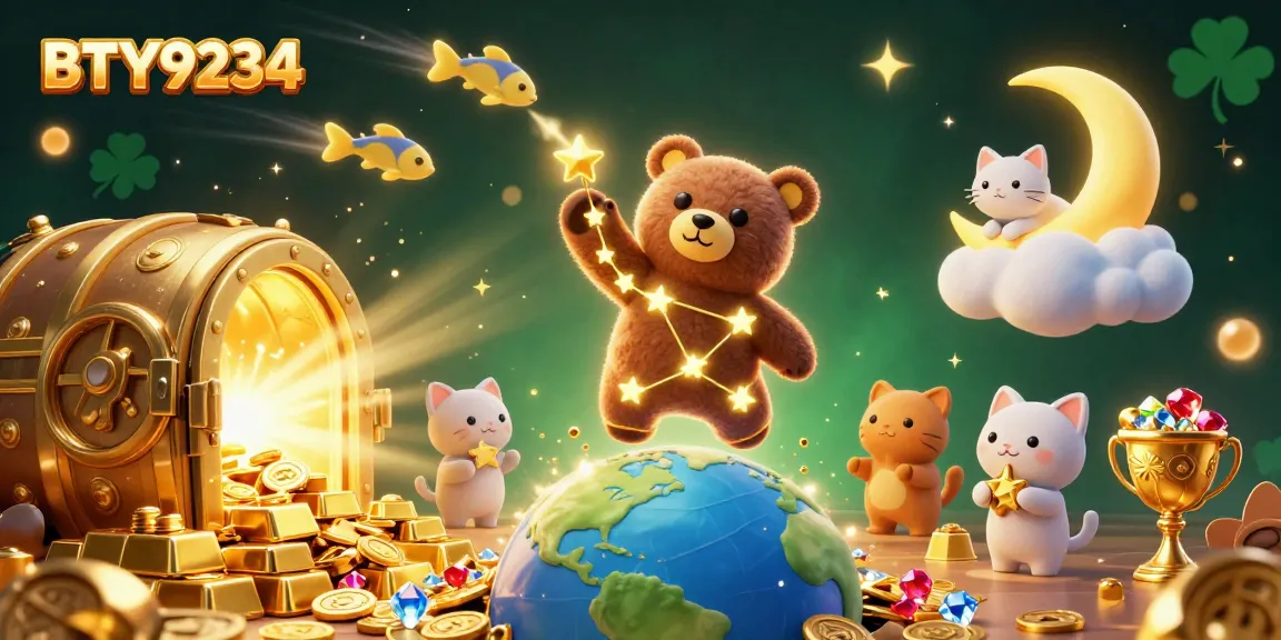 Engage with BTY9234's vibrant casino world, where the constellation bear gathers coins amidst treasures.