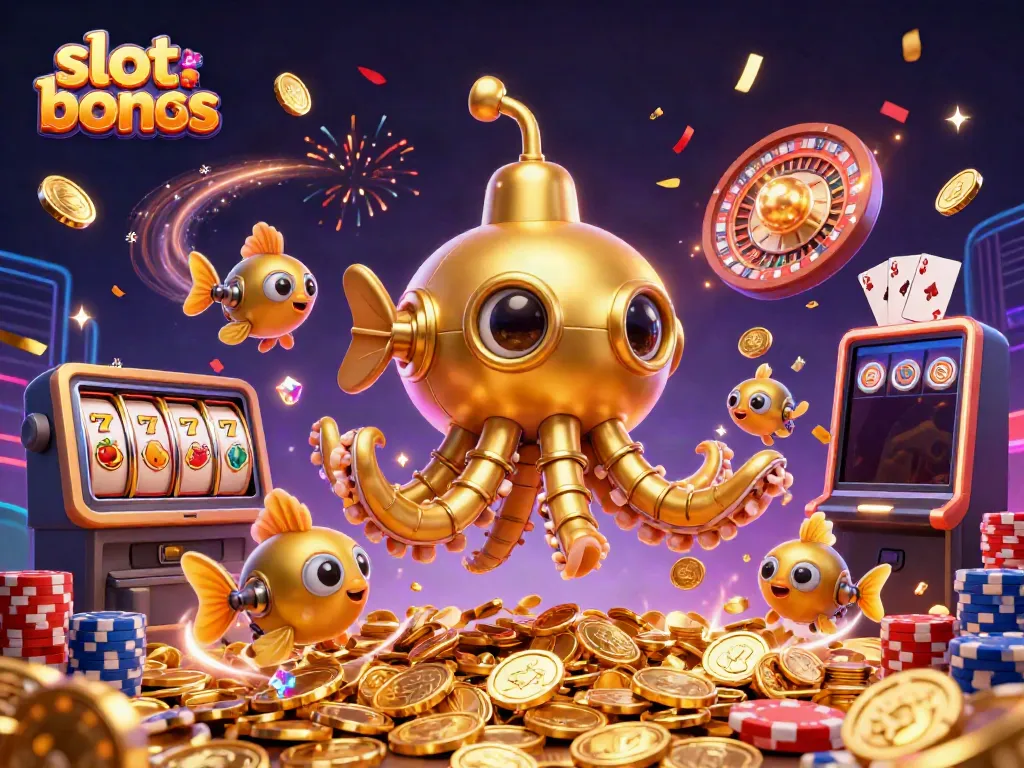Experience the thrill of slot bonuses with a golden kraken submarine and colorful casino elements.