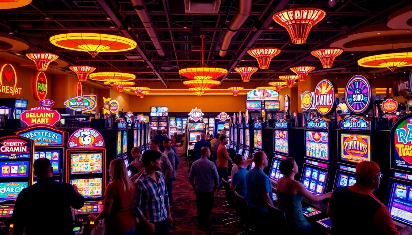 Engaging players experiencing slot gambling with vibrant machines in an energetic casino environment.