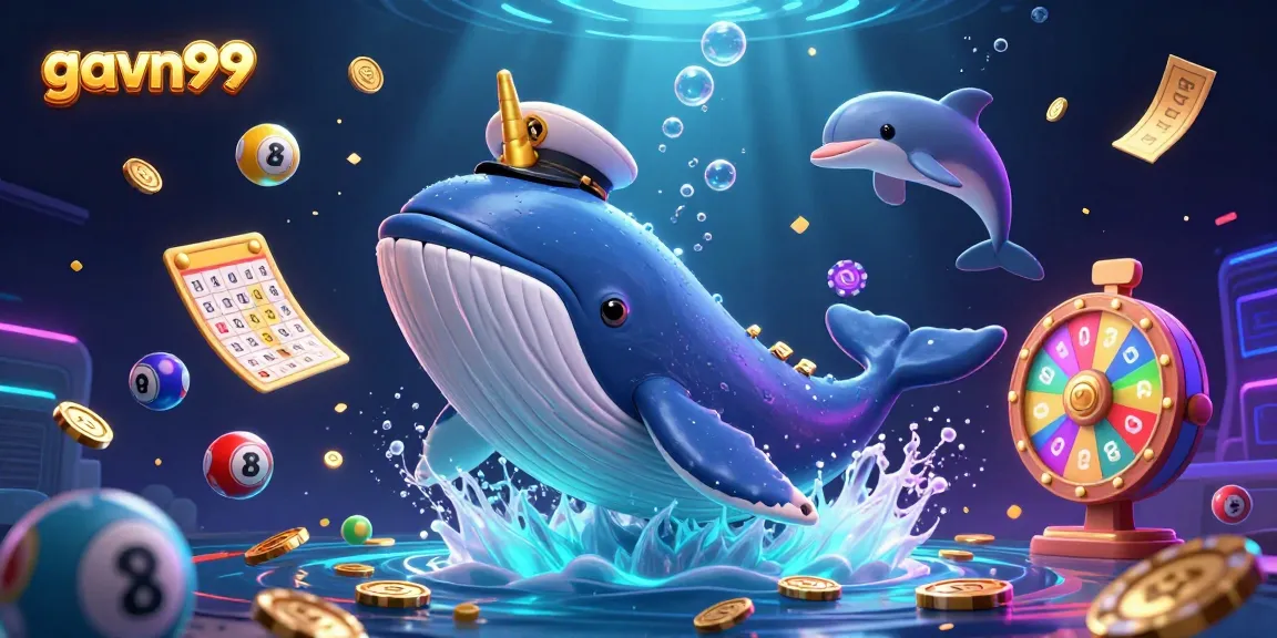 Experience excitement with gavn99 as a whale in a captain's coat breaches through coins.