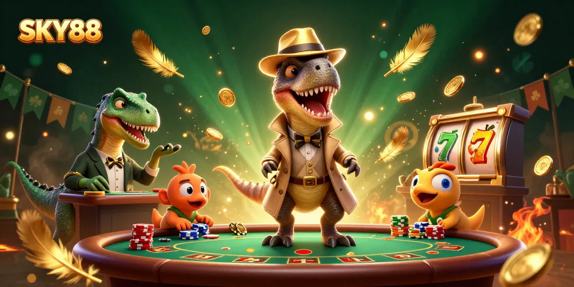 SKY88 features a velociraptor at a blackjack table, surrounded by vibrant casino elements.