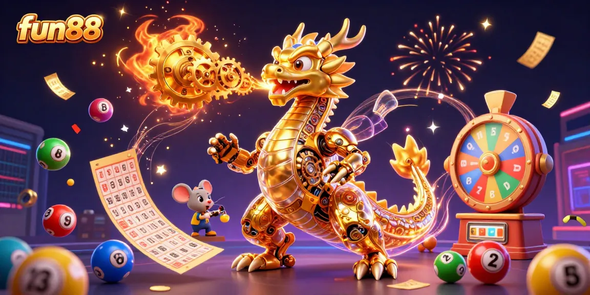 Experience fun88's thrilling gambling action with a golden dragon breathing gears and colorful lottery elements.