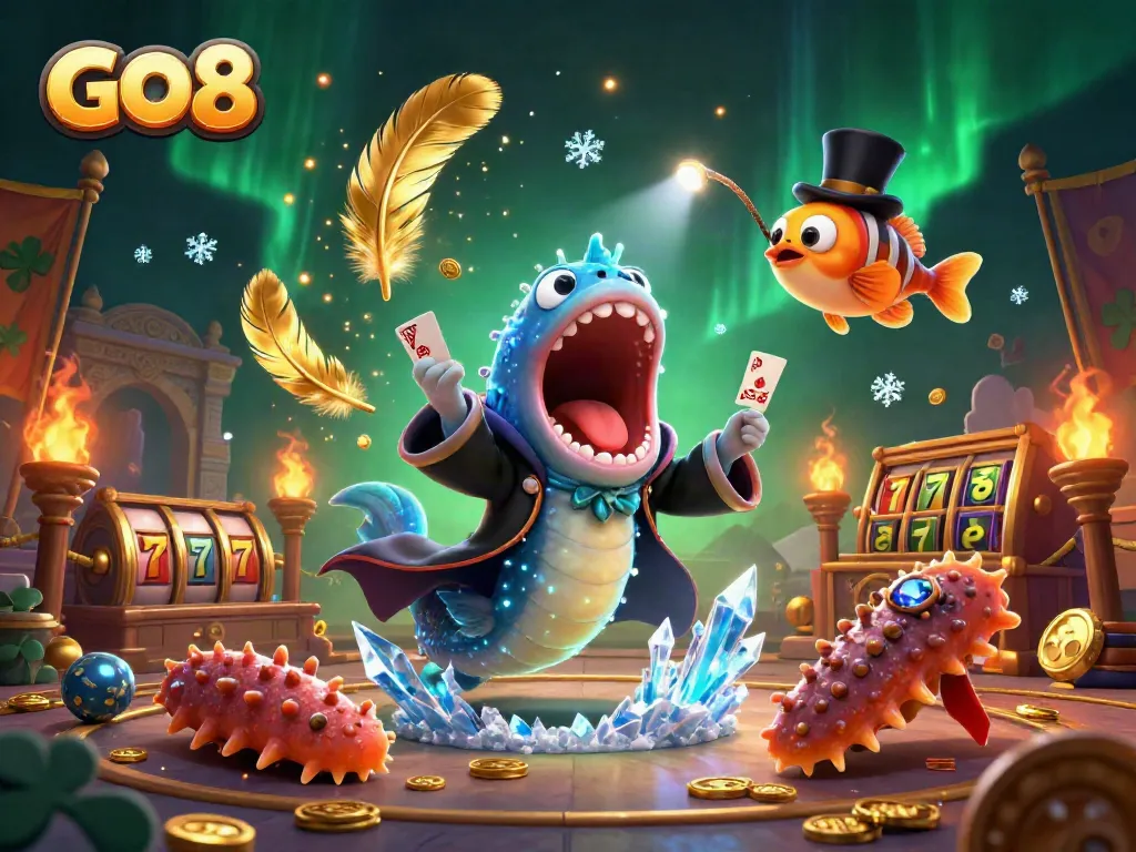 Experience thrilling card tricks with GO8 characters in a vibrant casino atmosphere.