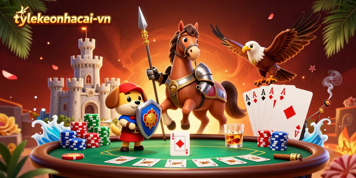 Engage in thrilling poker action at tylekeonhacai-vn with an intense casino-themed 3D illustration.
