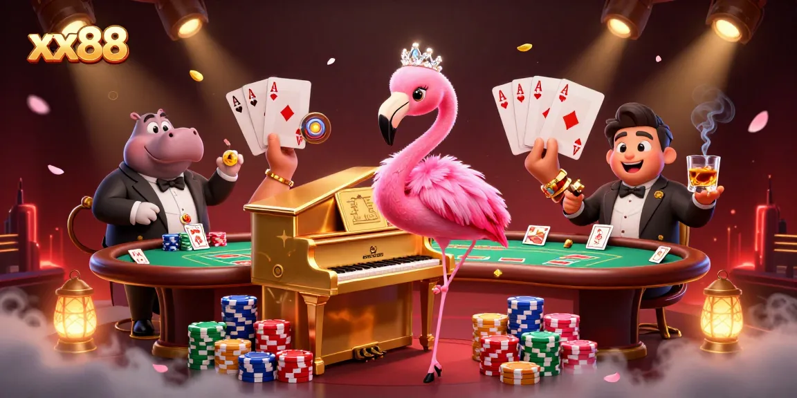 Experience luxury gaming with xx88, featuring a flamingo singer and hippo bassist in a vibrant casino scene.