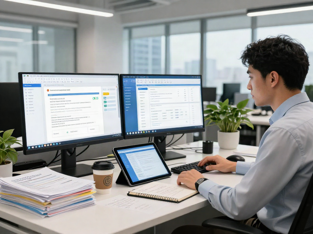 Advanced document fraud detection solution workspace with data analyst using modern verification software.