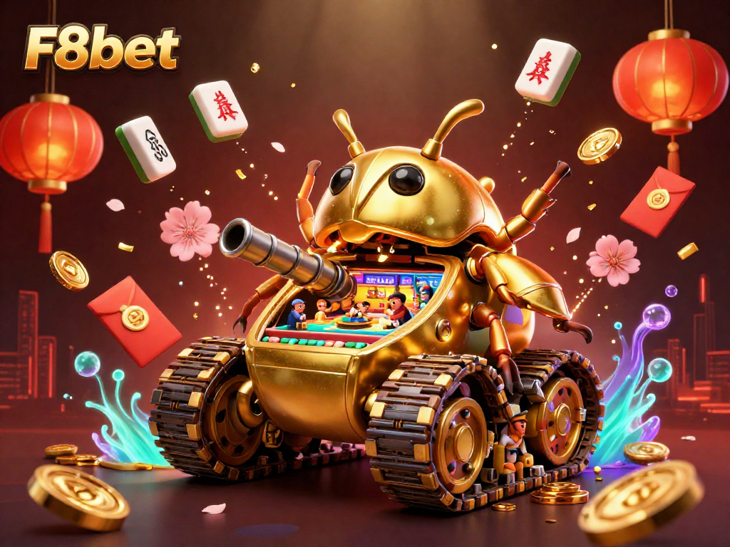 Experience thrilling gameplay with F8bet's vibrant casino, featuring a gold beetle tank and dynamic elements.