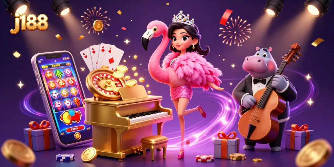 Experience j188's vibrant casino scene with flamingo singer and hippo bassist amidst exciting gaming elements.