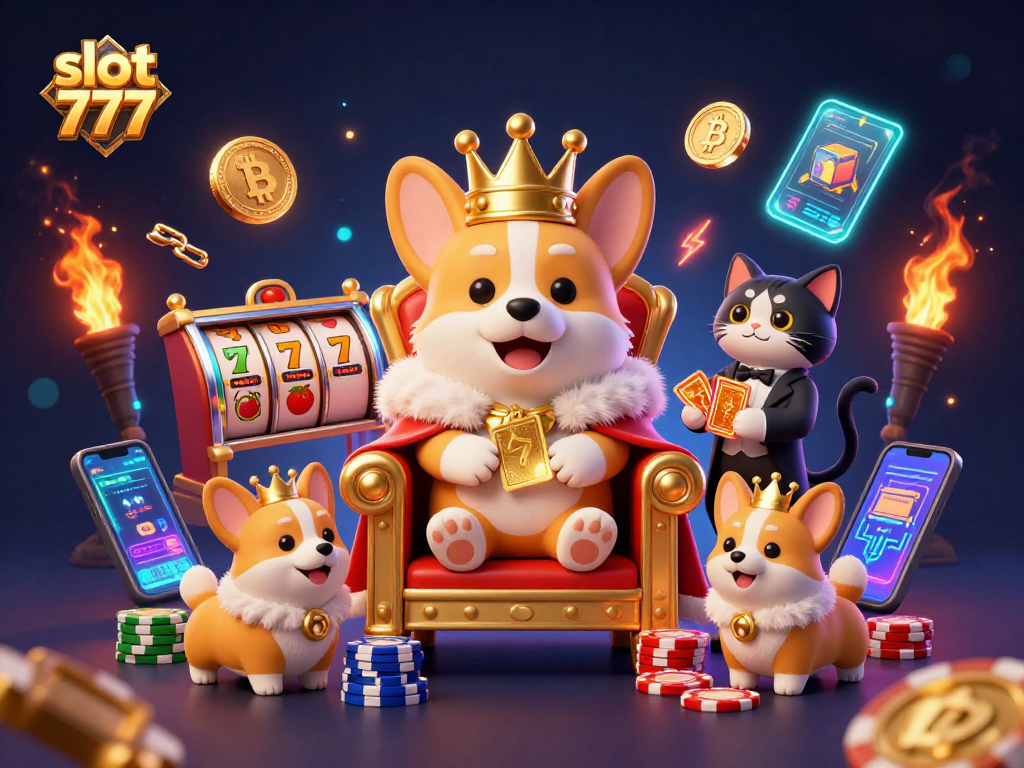 Experience the thrill of slot 777 with vibrant casino illustrations showcasing royal corgis and dynamic gaming elements.