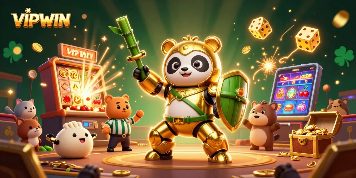 Experience the action at VIPWIN with a lively 3D casino scene featuring a golden panda and jackpot excitement.